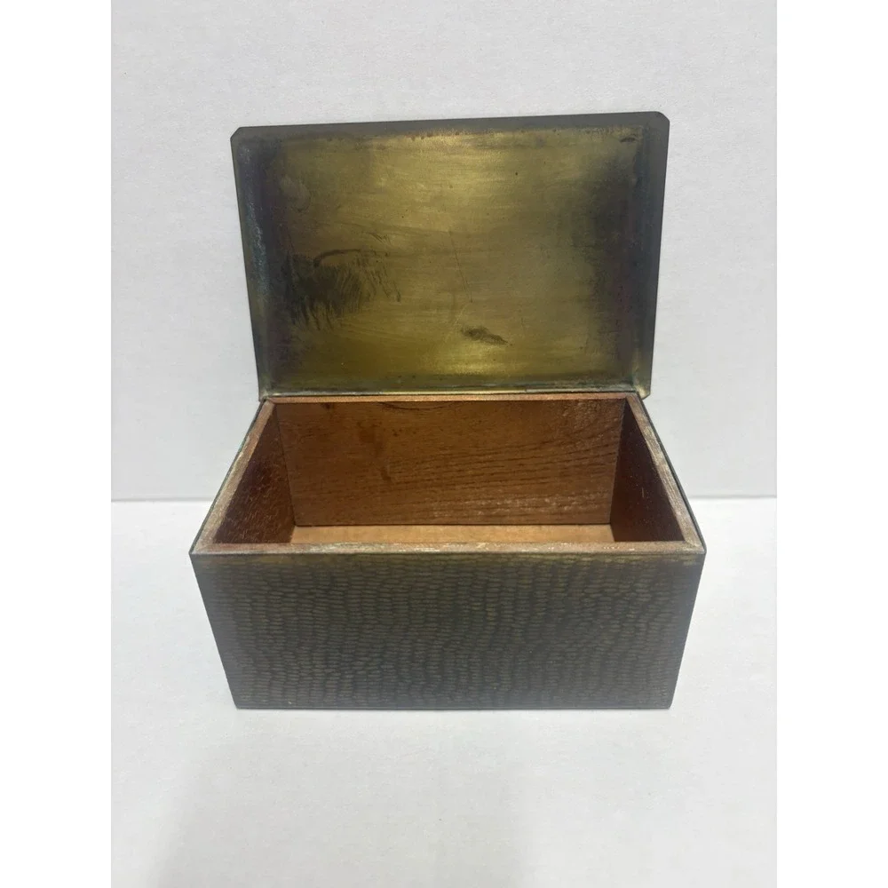 Box Hammered Brass Wood inside trinket small rectangular 5 x 2.5 x 3.5 vintage